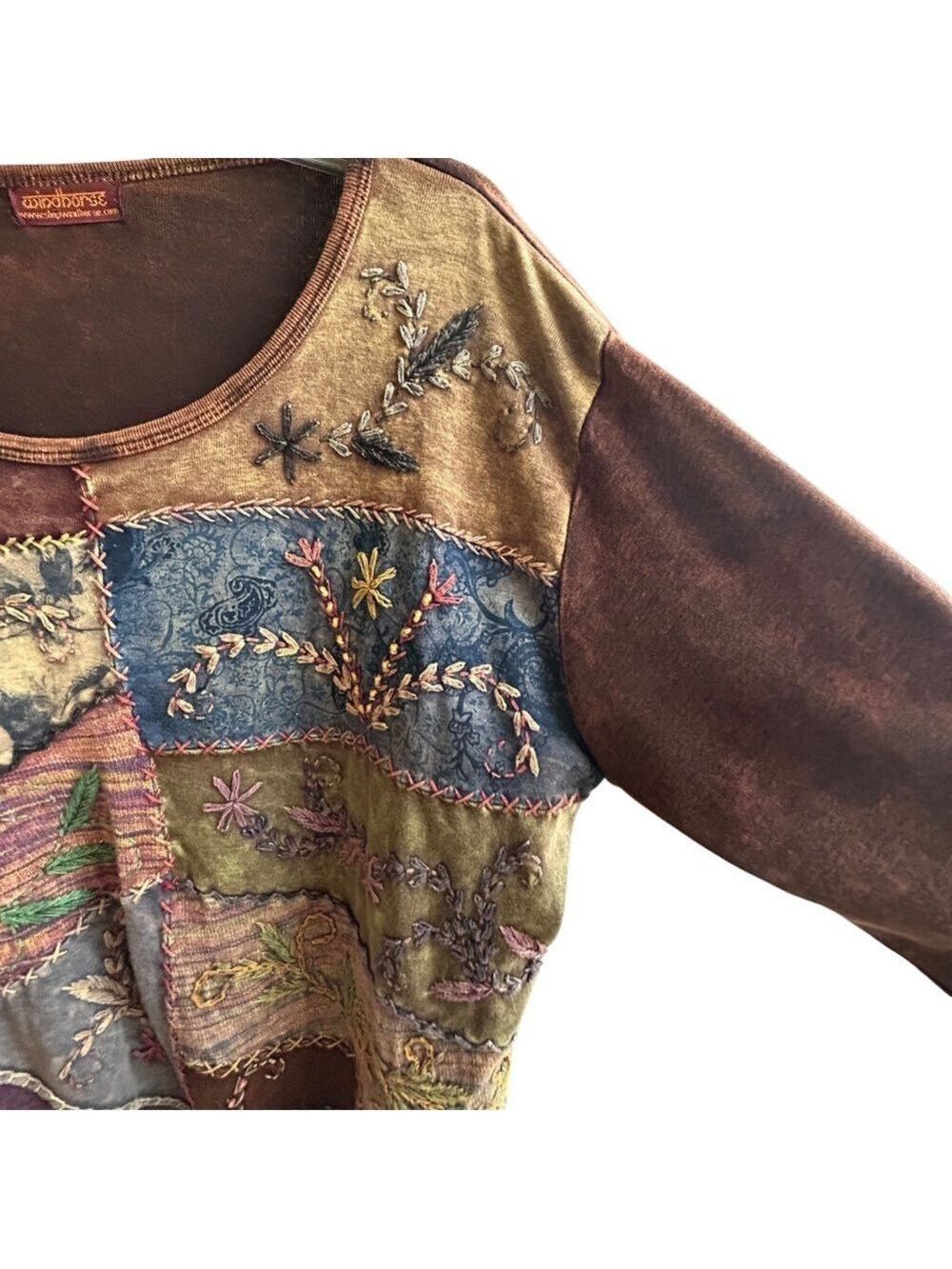 Vintage Windhorse Boho Patchwork Embroidered Long Sleeve Wearable Art Top - Picture 10 of 12